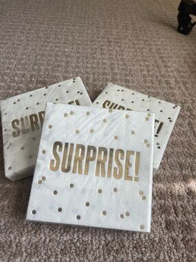 Bundle of 3 Gold 'SURPRISE!' Party Napkins - White & Gold - Party Supplies
